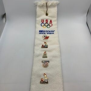 Vintage Bellsouth USA 1996 Olympic Games Embroidered Towel and Pins